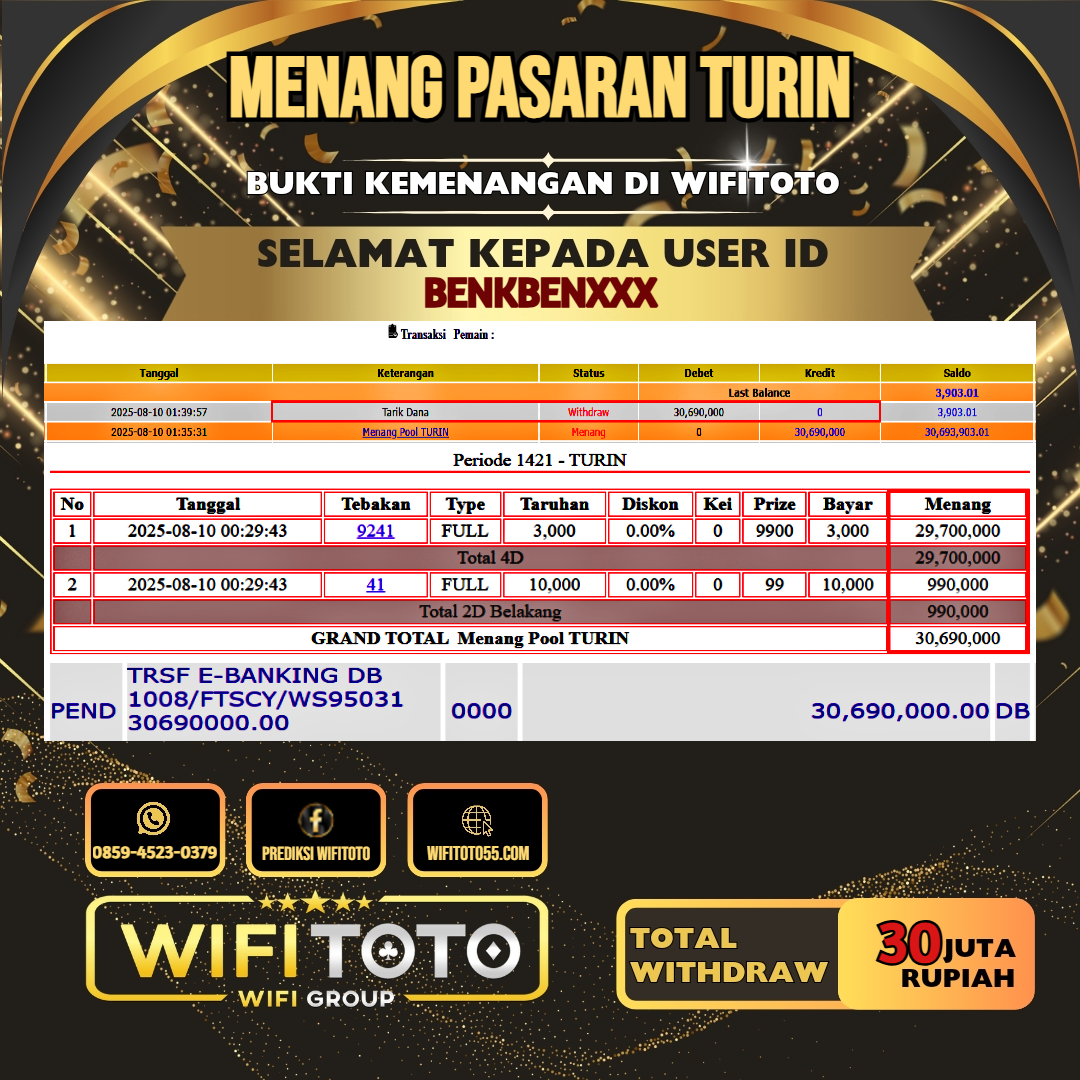 WIFITOTO JACKPOT TOGEL PASARAN TURIN RP.30.000.000.,-LUNAS USER ID : BENKBEN***