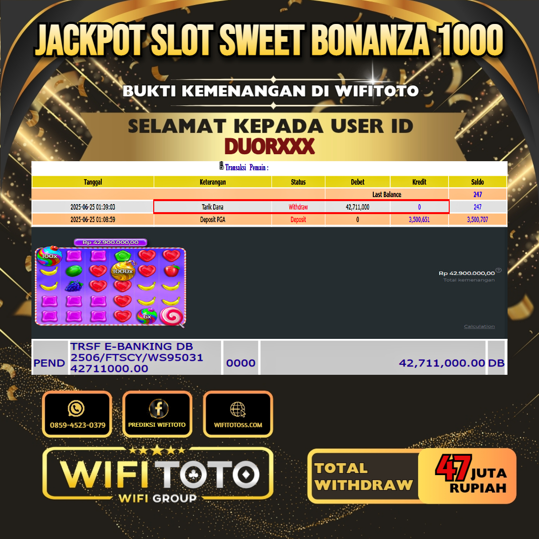 WIFITOTO JACKPOT SLOT SWEET BONANZA 1000 RP.47.000.000.,-LUNAS USER ID : DUOR***