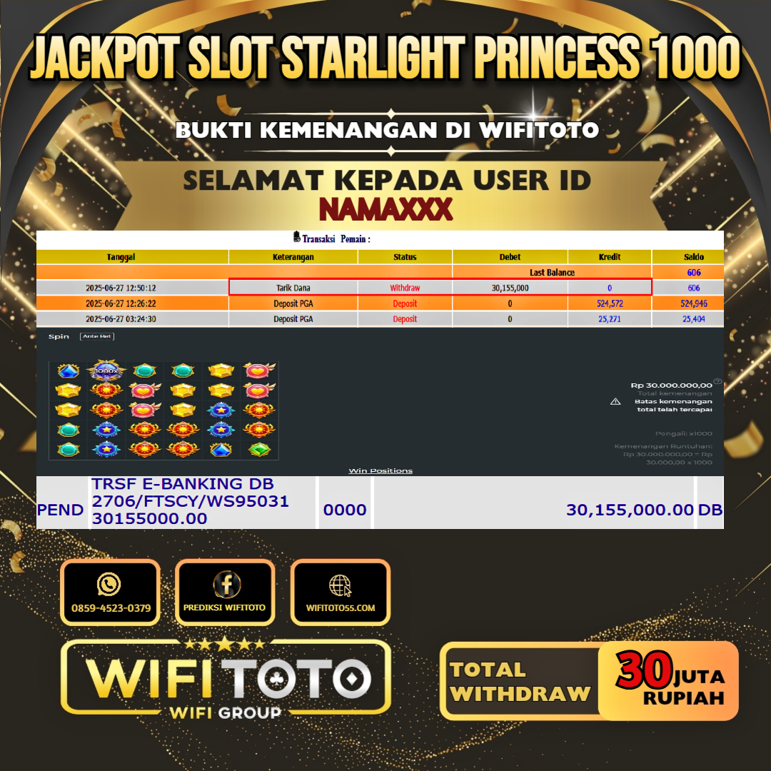 WIFITOTO JACKPOT SLOT STARLIGHT PRINCESS 1000 RP.30.000.000.,-LUNAS USER ID : NAMA***