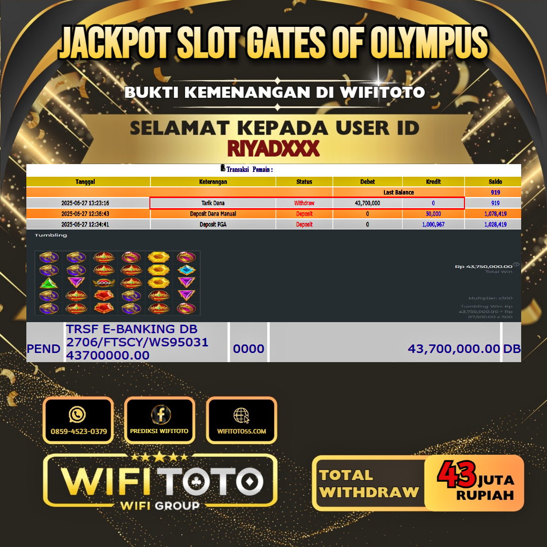 WIFITOTO JACKPOT SLOT GATES OF OLYMPUS RP.43.000.000.,-LUNAS USER ID : RIYAD***