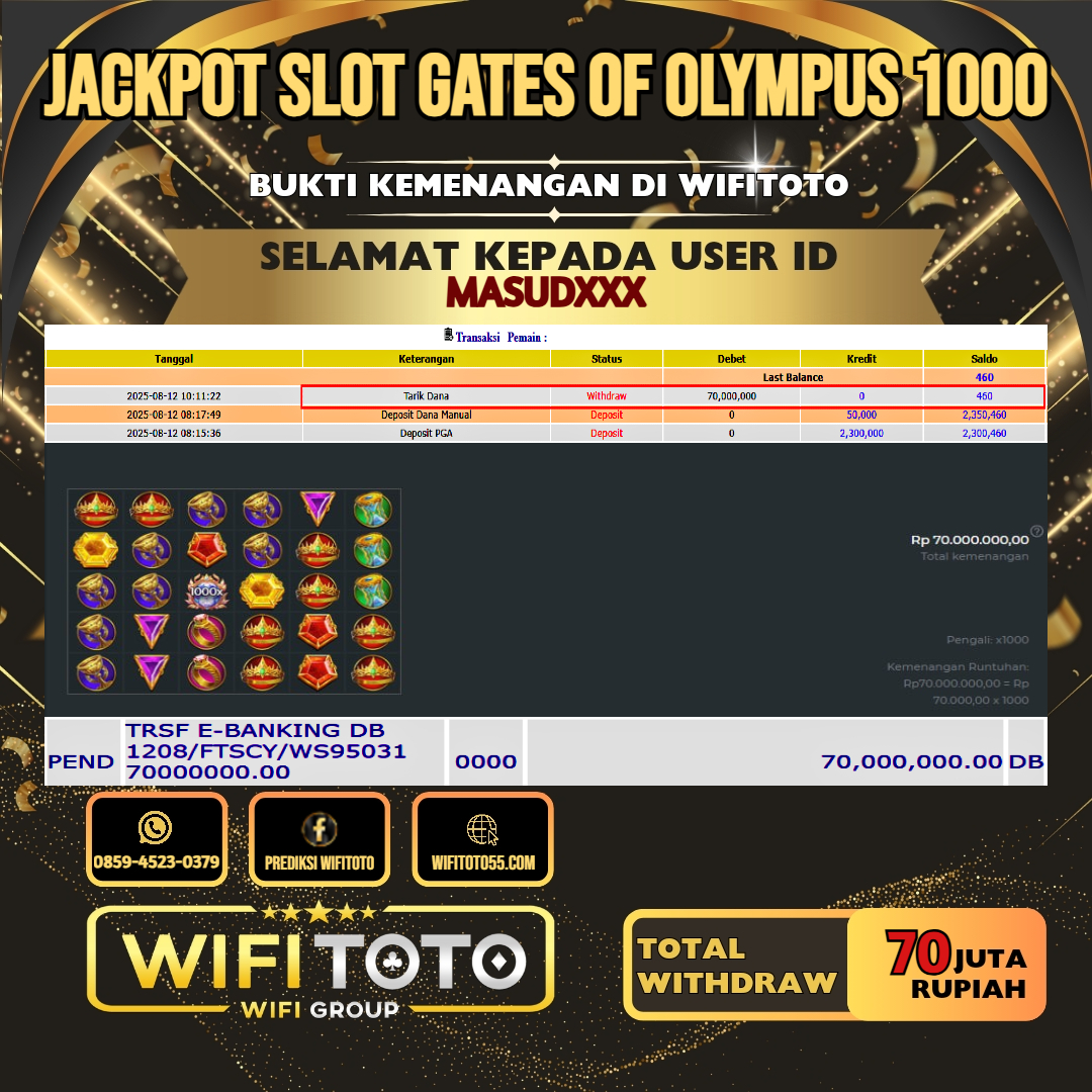 WIFITOTO JACKPOT SLOT GATES OF OLYMPUS 1000 RP.70.000.000.,-LUNAS USER ID : MASUD***