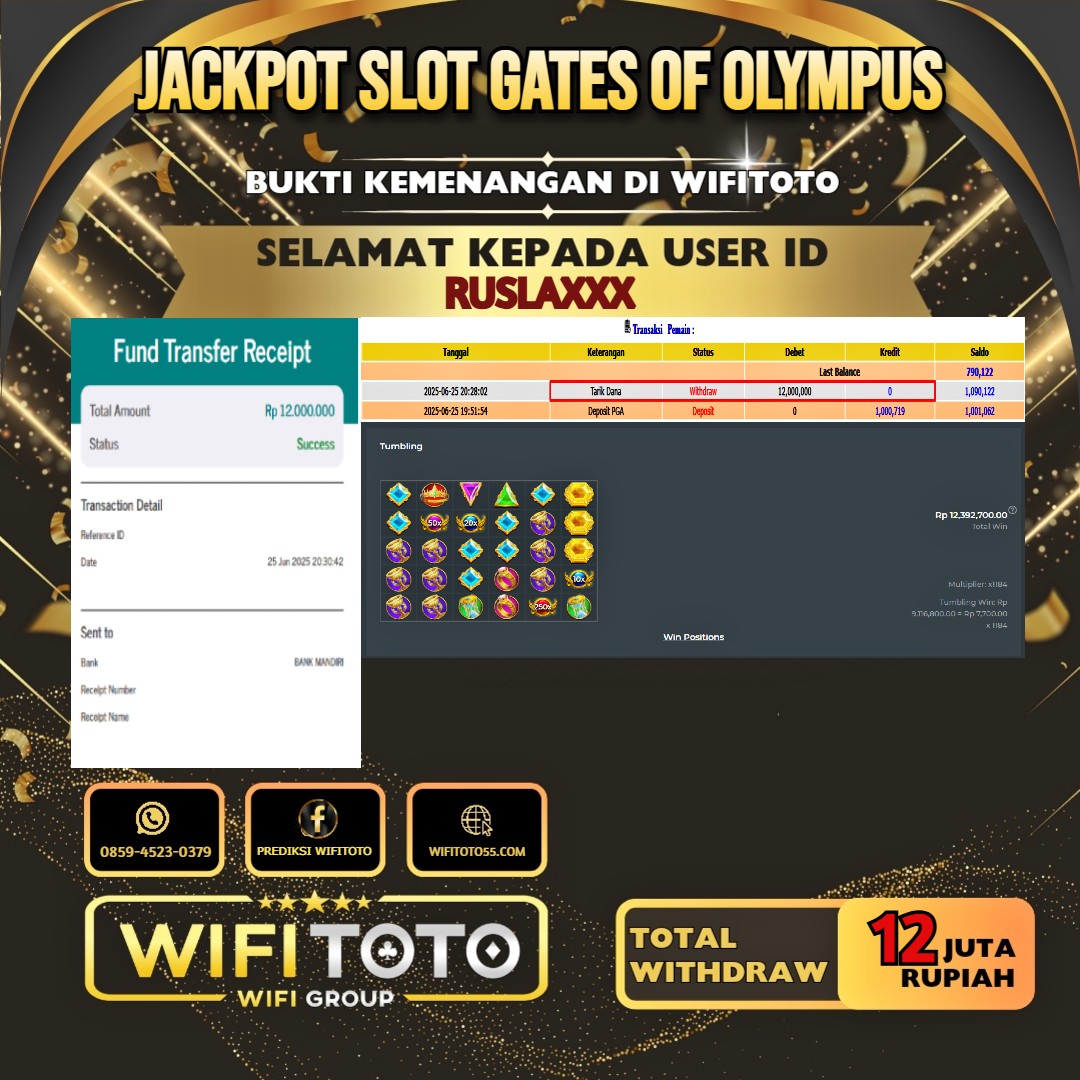 WIFITOTO JACKPOT SLOT GATES OF OLYMPUS RP.12.000.000.,-LUNAS USER ID : RUSLA***