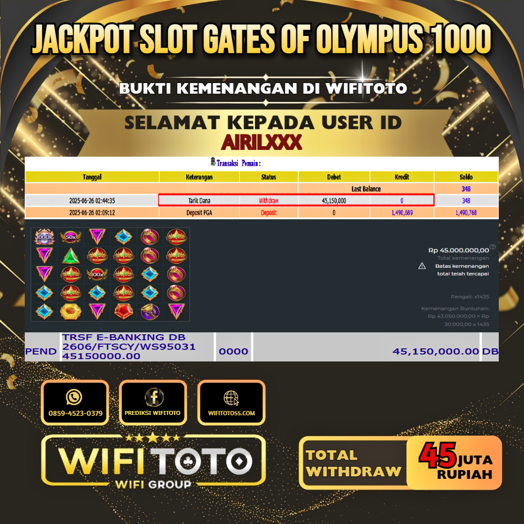 WIFITOTO JACKPOT SLOT GATES OF OLYMPUS 1000 RP.45.000.000.,-LUNAS USER ID : AIRIL***