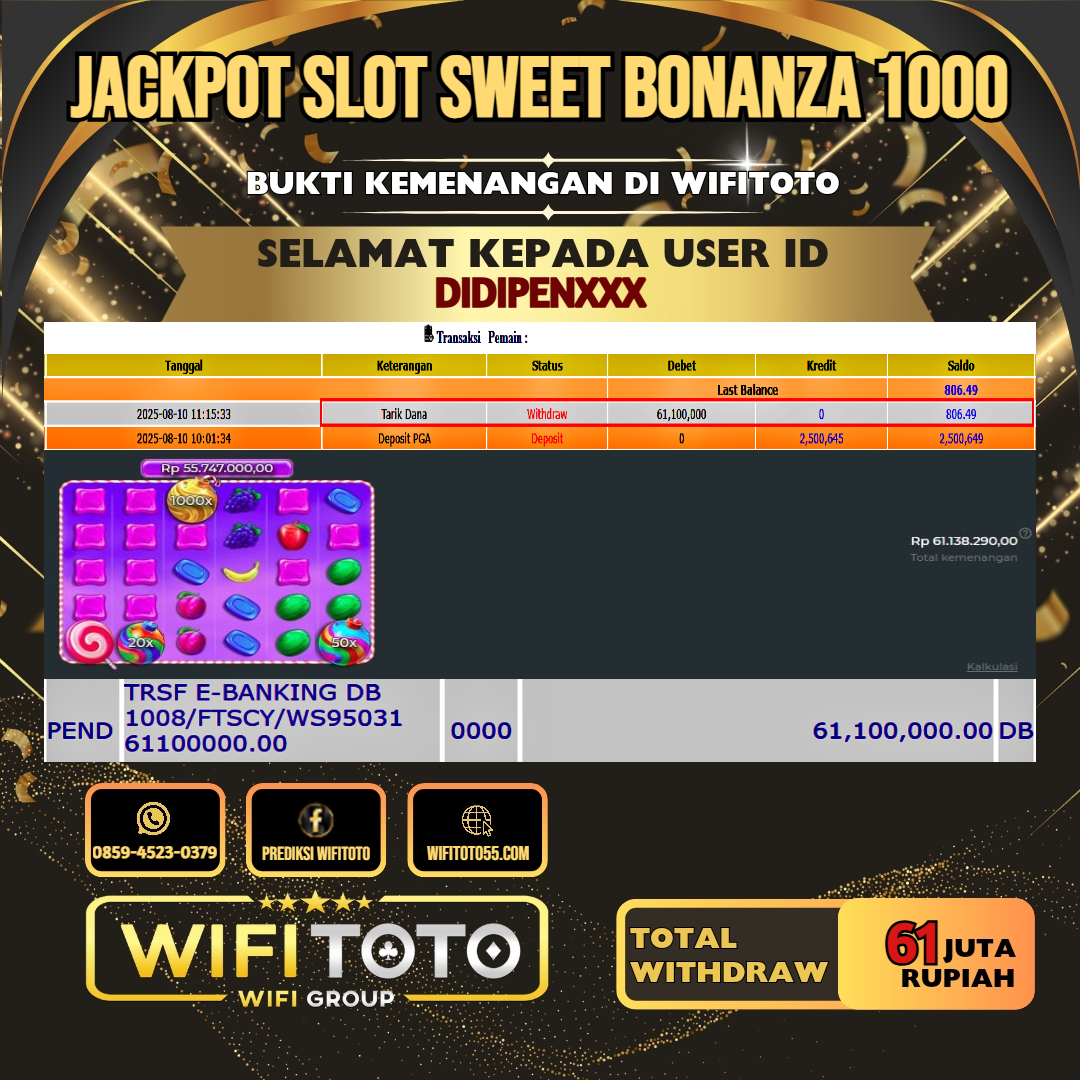 WIFITOTO JACKPOT SLOT SWEET BONANZA 1000 RP.61.000.000.,-LUNAS USER ID : DIDIPEN***