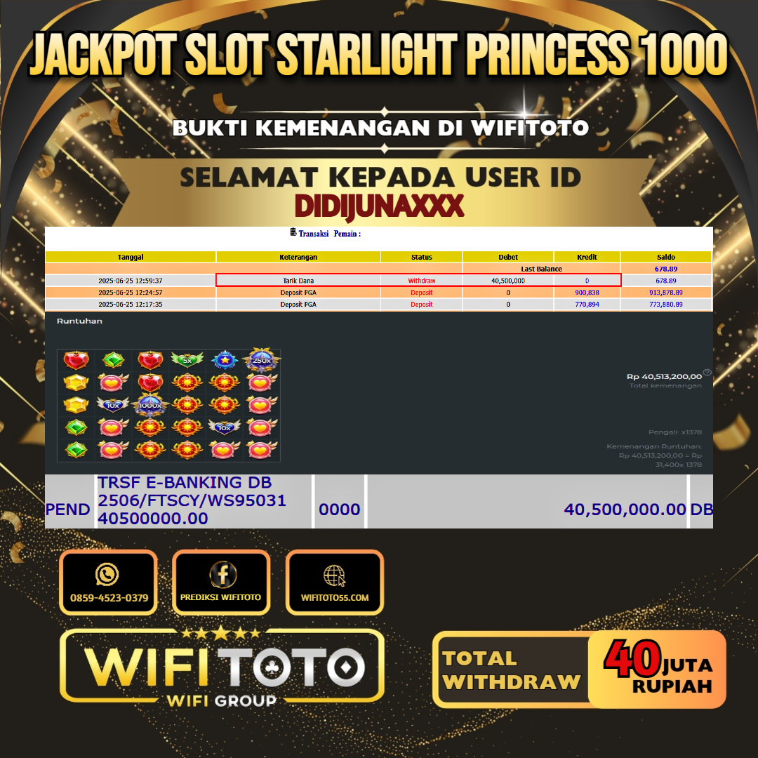 WIFITOTO JACKPOT SLOT STARLIGHT PRINCESS 1000 RP.40.000.000.,-LUNAS USER ID : DIDIJUNA***