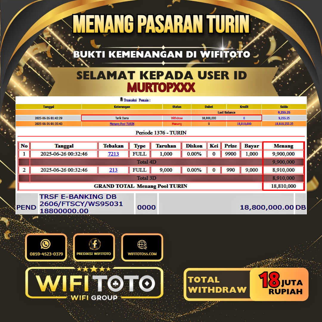 WIFITOTO JACKPOT TOGEL PASARAN TURIN RP.18.000.000.,-LUNAS USER ID : MURTOP***