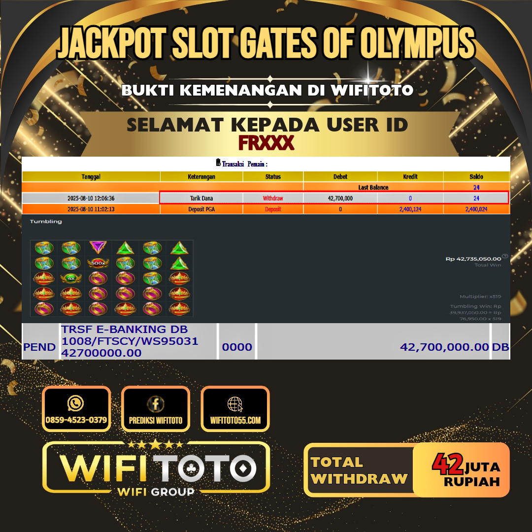 WIFITOTO JACKPOT SLOT GATES OF OLYMPUS RP.42.000.000.,-LUNAS USER ID : FR***