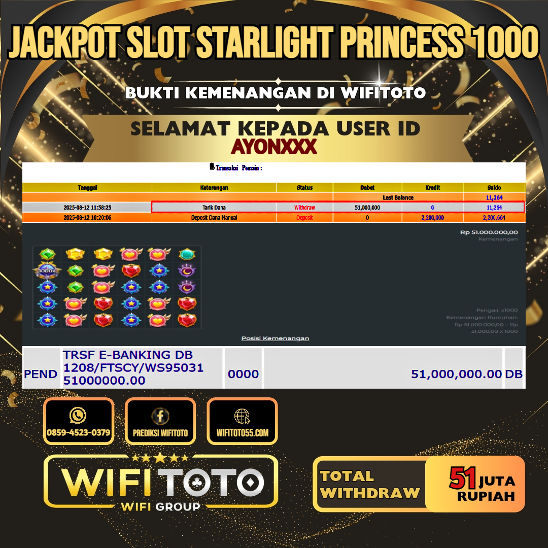 WIFITOTO JACKPOT SLOT STARLIGHT PRINCESS 1000 RP.51.000.000.,-LUNAS USER ID : AYON***