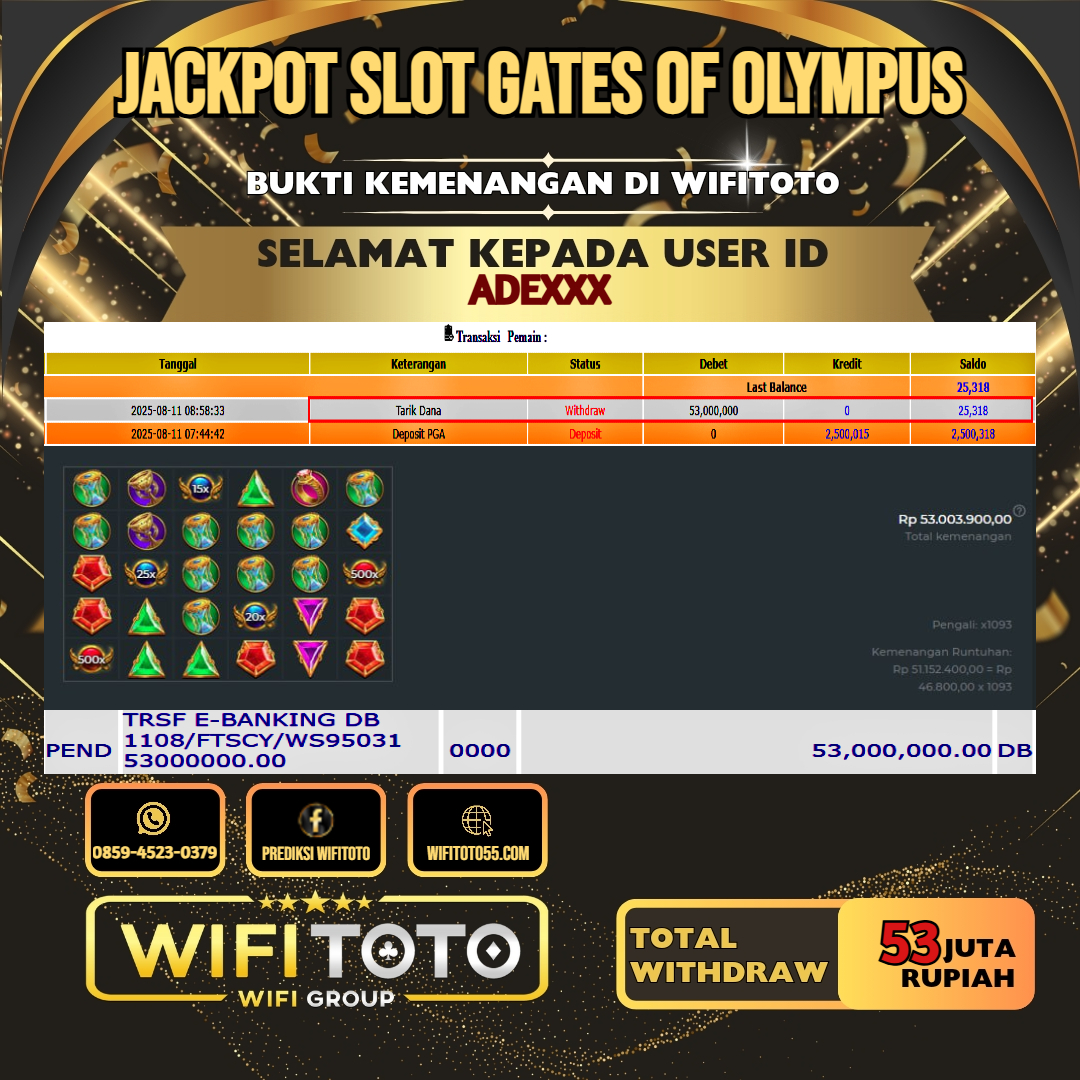 WIFITOTO JACKPOT SLOT GATES OF OLYMPUS RP.53.000.000.,-LUNAS USER ID : ADE***