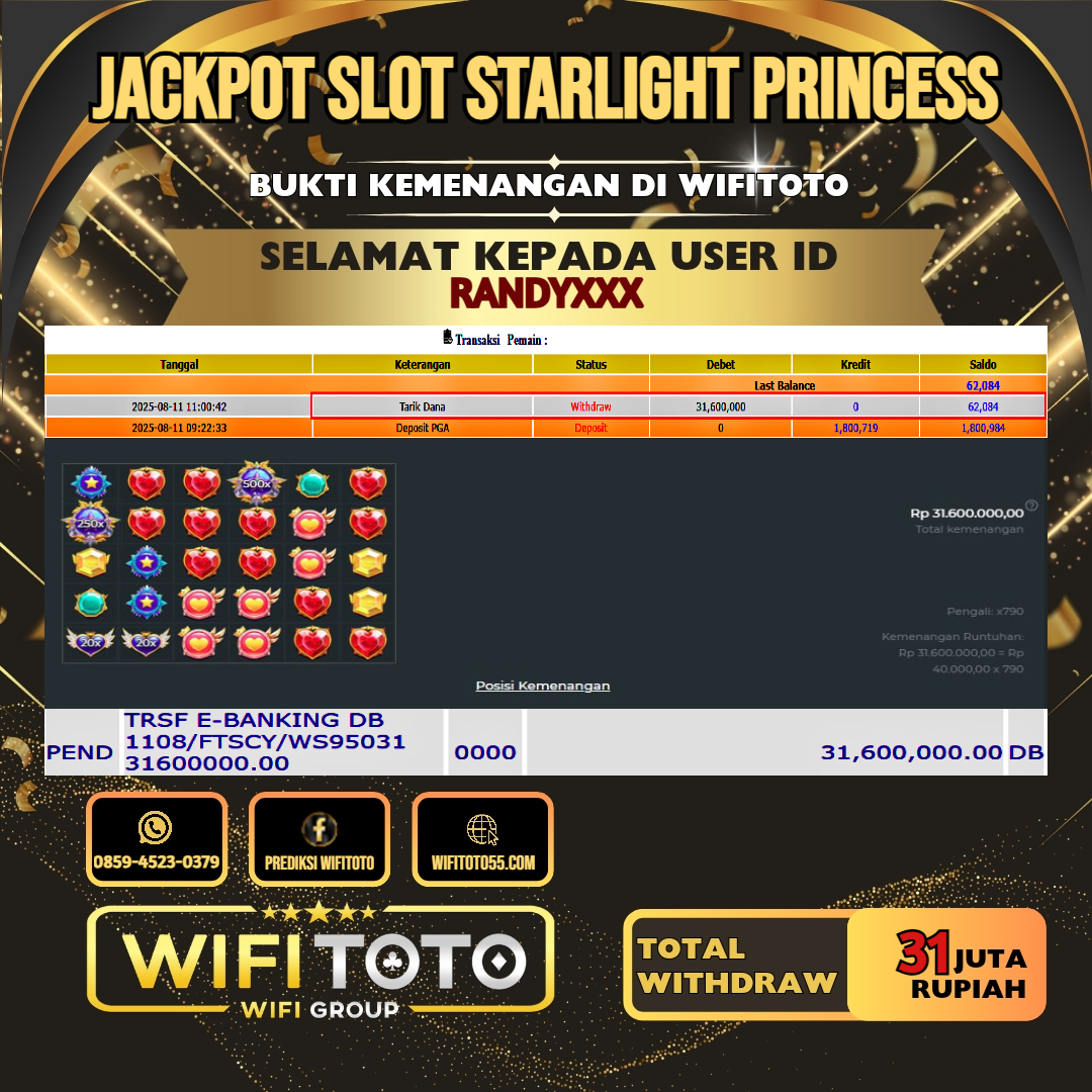 WIFITOTO JACKPOT SLOT STARLIGHT PRINCESS RP.31.000.000.,-LUNAS USER ID : RANDY***