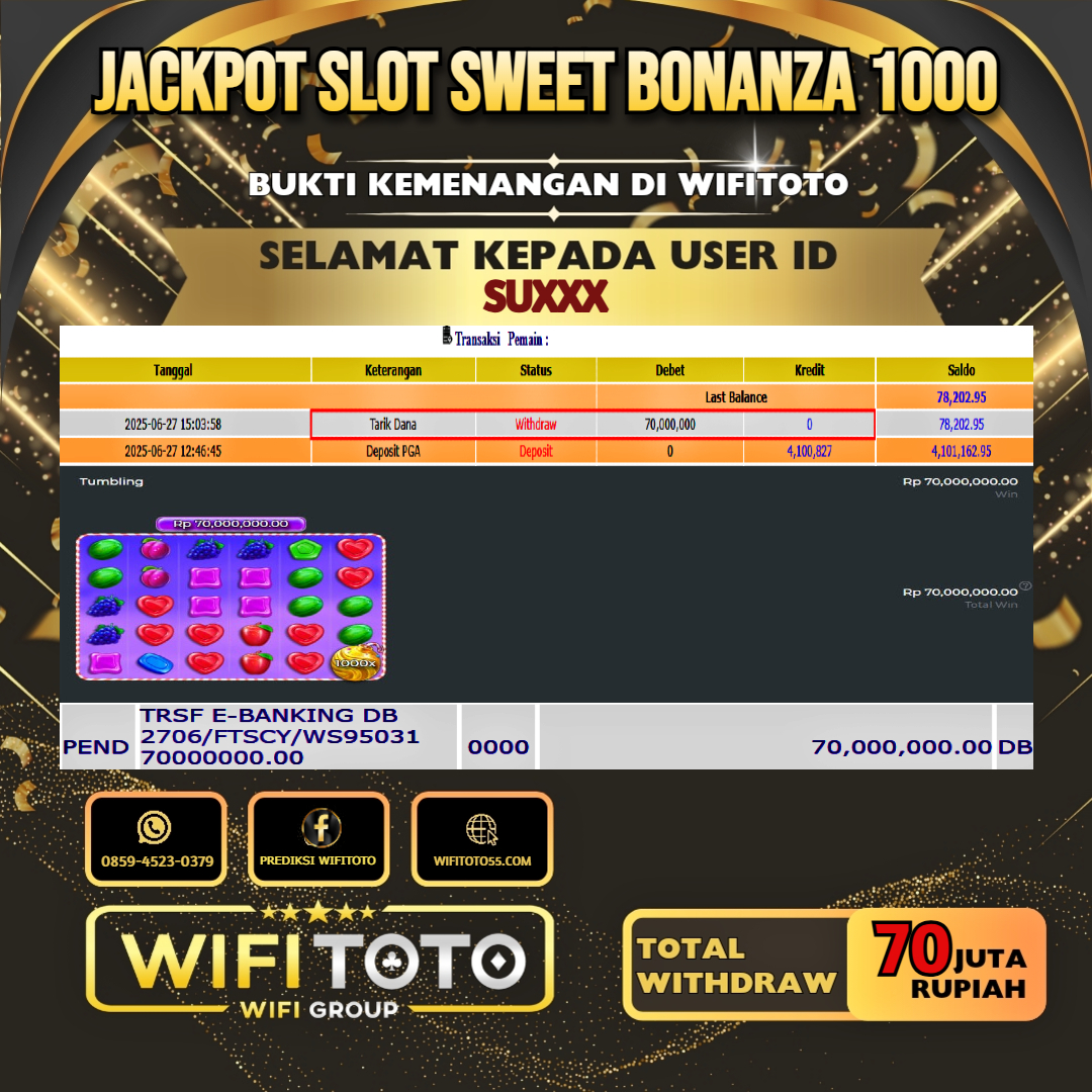 WIFITOTO JACKPOT SLOT SWEET BONANZA 1000 RP.70.000.000.,-LUNAS USER ID : SU***