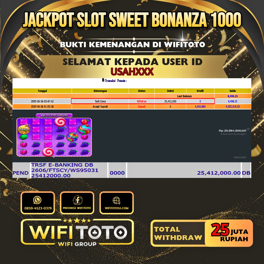 WIFITOTO JACKPOT SLOT SWEET BONANZA 1000 RP.25.000.000.,-LUNAS USER ID : USAH***